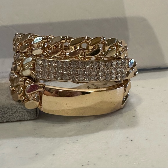 NWT ALDO Set of 3 Bracelets gold tone stretch - ID style, clear rhinestones - Picture 12 of 14